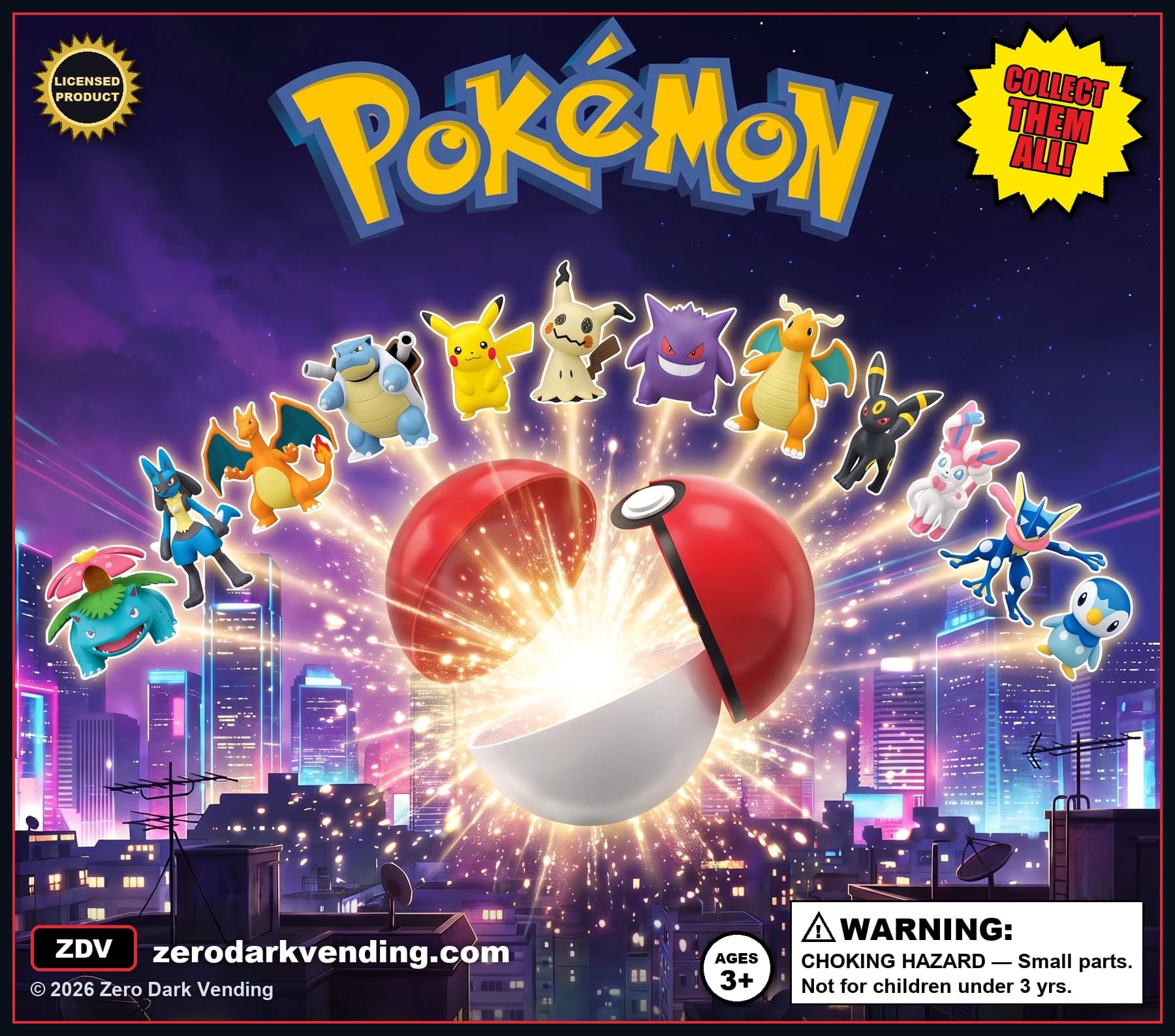 Night Catch display card: licensed Pokémon figures bursting from a capsule over a neon city