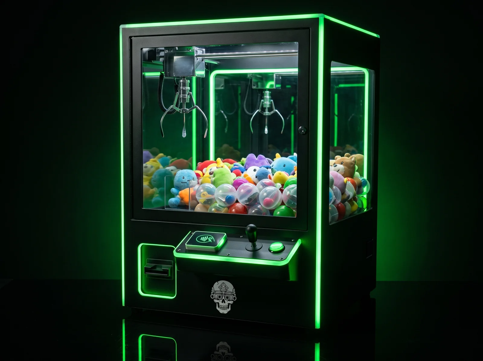 RECON 24" front three-quarter view: stocked cabinet, green edge lighting, joystick deck