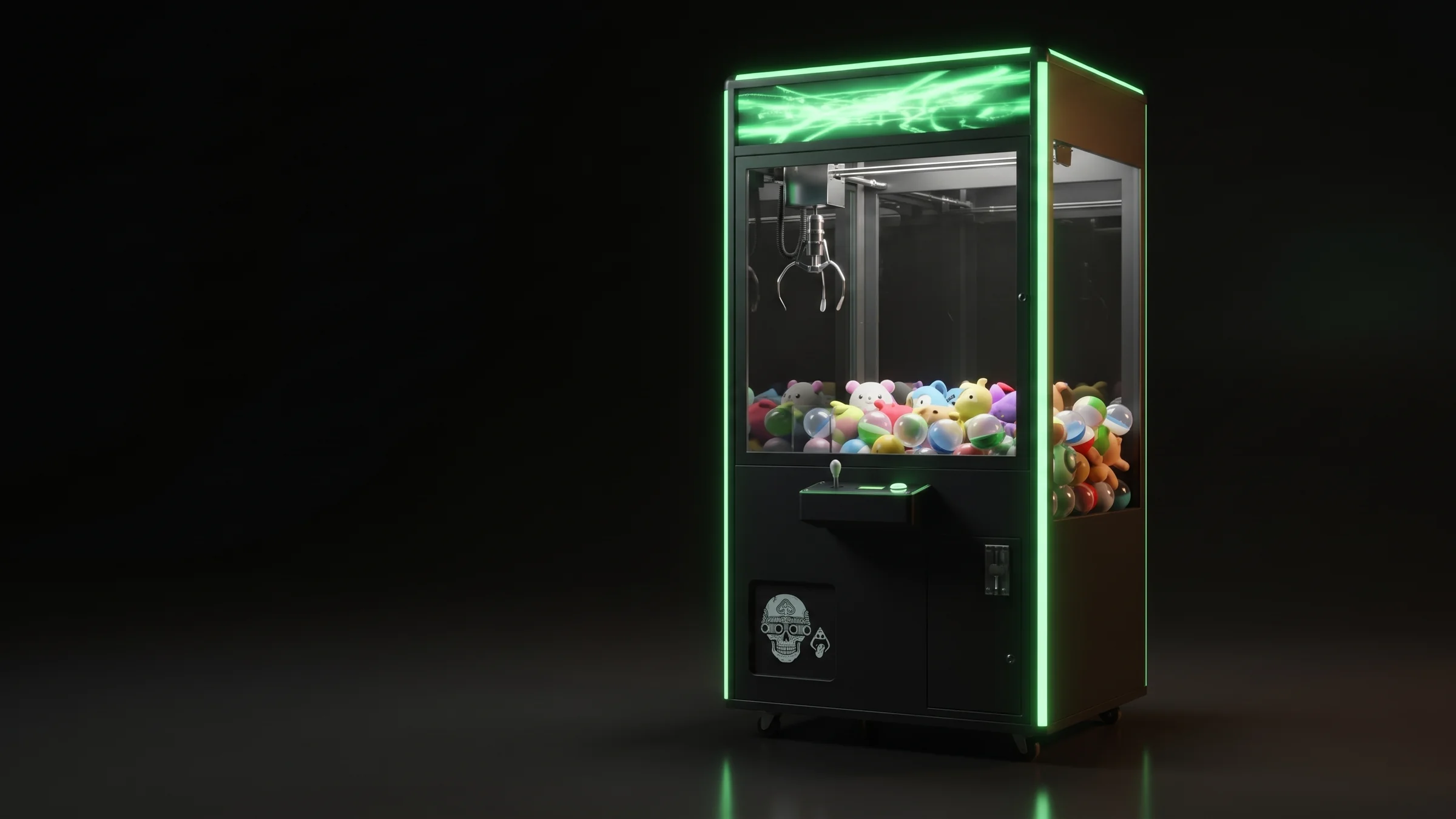 VANGUARD claw crane glowing green in a dark studio, stocked with plush and capsules