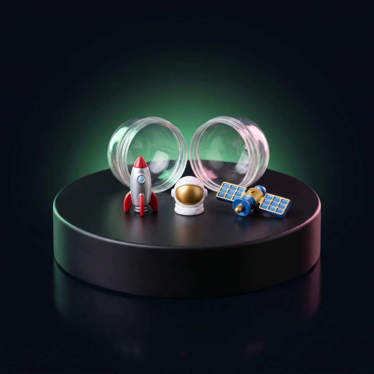 Spacenaut Minis: Rockets, helmets and satellites, one small set per capsule.