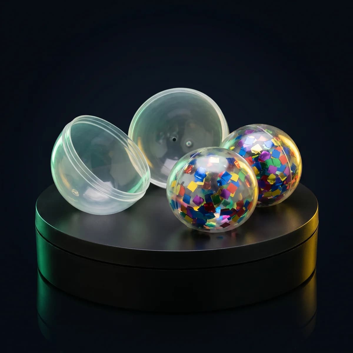 Confetti Stress Balls: Squeeze balls packed with color confetti, a desk toy in a capsule.