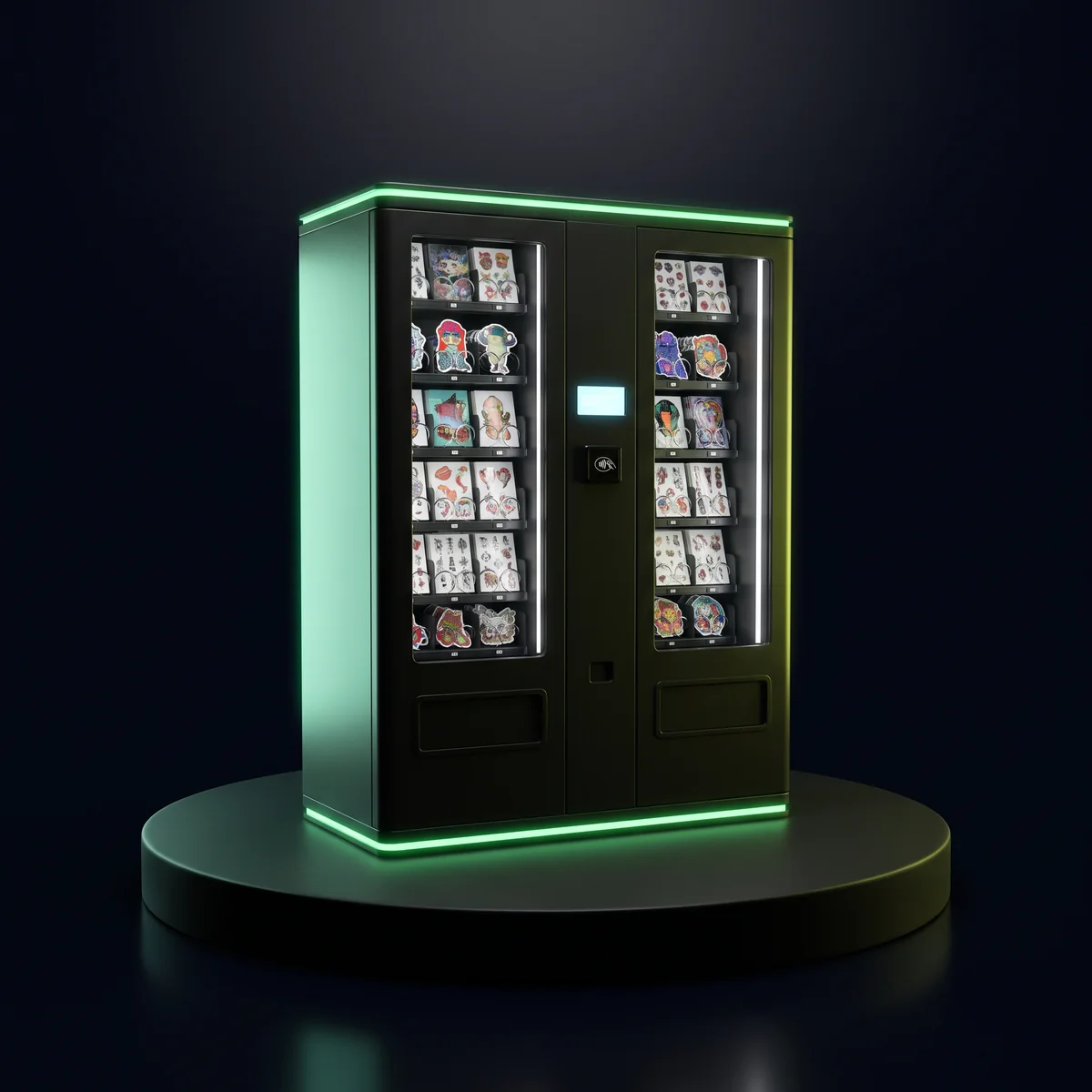 Digital Sticker & Tattoo: Two-column unit with digital pricing and a cashless-ready slot.